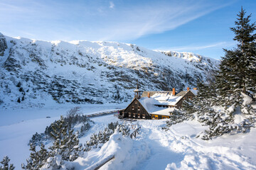 mountain shelter Samotnia in Karkonosze during snowy winter in Poland