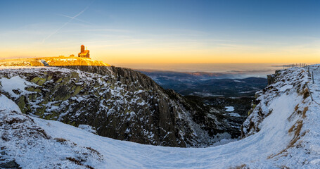 view of Sniezne Kotly during sunrise in the Karkonosze Mountains in Poland