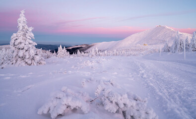 winter landscape of Karkonosze mountains dusk in Poland