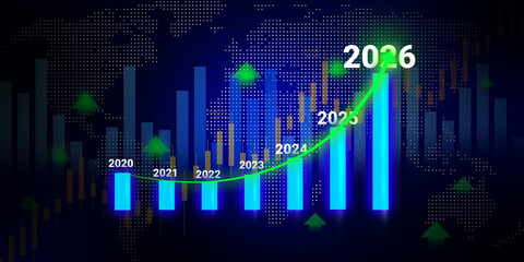 Fototapeta premium Glowing Bar Chart with Upward Trend and Global Map Background, Business Growth Forecast Concept.