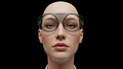 Close-up portrait of a digital human model wearing futuristic clear safety goggles against black