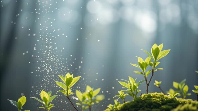 Mystic Spring Garden Concept Fresh Green Leaves, Floating Particles, and Vibrant Young Plants Evoke Tranquility in Natures Enchanting Atmosphere