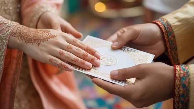 Close-up of hands giving an Eidi envelope with a simple henna design visible on the skin traditional clothing details and a soft bokeh background creating a warm festive cultural moment