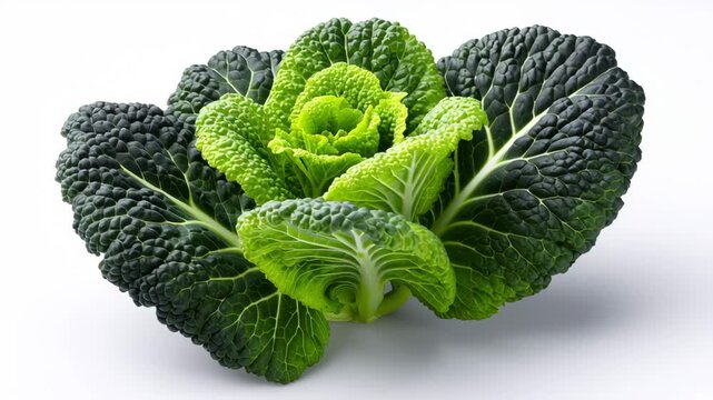 Fresh green cabbage showcasing vibrant layers and intricate leaf patterns, highlighting the natural beauty and texture of leafy vegetables in a clean, minimalistic setting