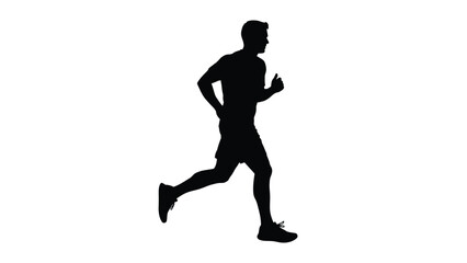 Silhouette of an athletic man engaged in vigorous running motion isolated against a stark white background representing speed and fitness