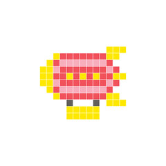 A flat pixel design made of geometric square color blocks on a clean icon layout. Pixel art zeppelin © Adpragus