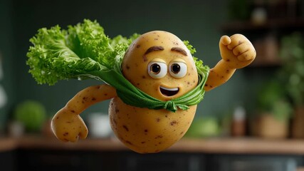 Animated potato character with lettuce cape in mid-flight showcasing dynamic motion and playful expression, capturing the essence of whimsical adventure in a vibrant kitchen setting