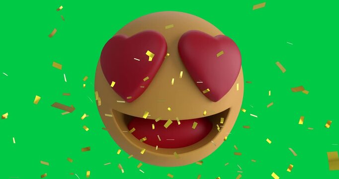 Confetti falling over heart eyes face emoji against copy space on green background