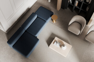 Top view of modern interior living room with navy sofa, beige armchairs, and minimalist decor on neutral background for design concept visuals. 3D Rendering