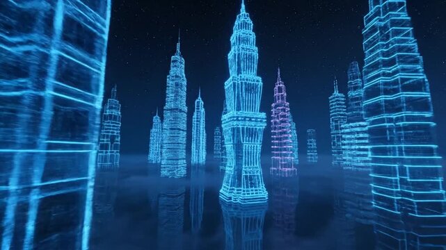 A futuristic cityscape at night showcases blue neon skyscrapers and towers with reflections.