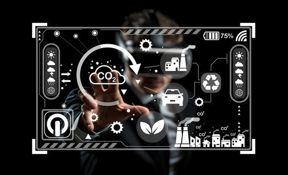 Digital Interface Exploring Environmental Impact, Carbon Footprint Reduction, and Sustainable Solutions Through Virtual Technology and Innovative Design - Powered by Adobe