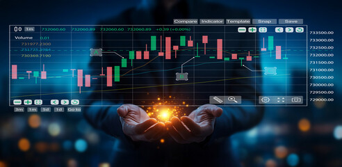 Hands Holding Digital Financial Graphics with Stock Market Chart, Candlestick Patterns, Volume Indicators, and Glowing Data Elements in Night Background