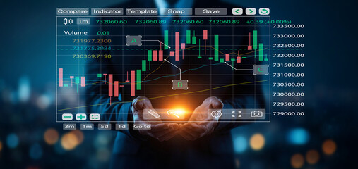 Business person holding digital stock market chart displaying performance metrics with candlestick analysis and futuristic technology in urban setting