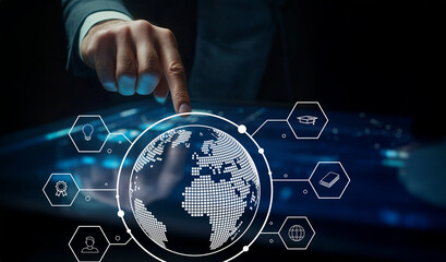 Businessman Interacting with 3D Digital Globe Featuring Global Connectivity and Various Information Icons in a Dark Environment