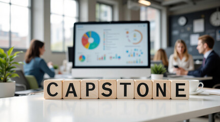 Capstone project presentation summarizing research results and analytics, final deliverable for university program assessment with data review guiding a senior team project defense and grading