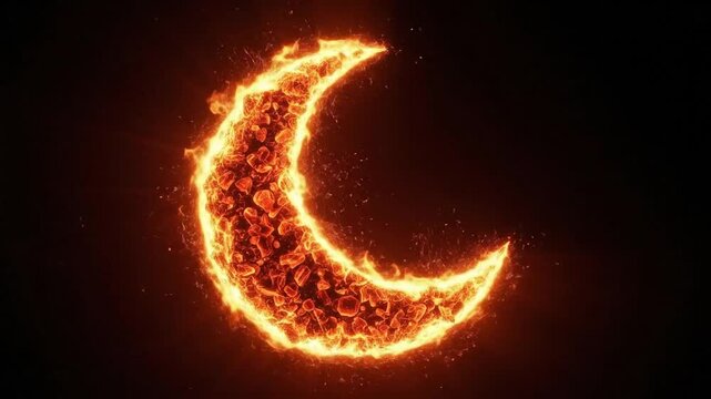 Fiery crescent moon against black background abstract digital illustration
