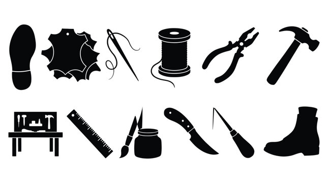 Set of shoemaker tools and equipment icons black silhouettes isolated on transparent background crafting essentials