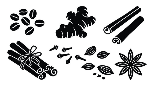 Assortment of whole coffee beans ginger root cinnamon sticks cardamom pods spices