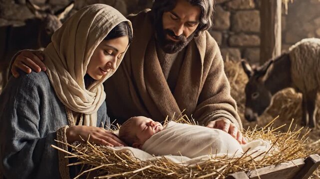 Sacred Family in Nativity Scene: A depiction of the holy family in a humble manger, embracing the miracle of birth, with expressions of serenity, peace, and spiritual wonder.