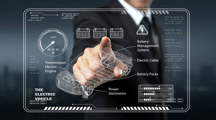 Futuristic Interface Displaying Electric Vehicle Technology Insights with Visual Data Representation and User Interaction