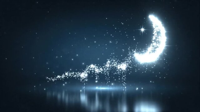 Glowing crescent moon and stars against a dark background