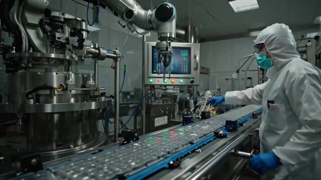 4K cinematic stock video pharmaceutical clean room, automated tablet production line robotic arms moving precisely, worker sterile protective suit monitoring digital control panels, close-up robotic