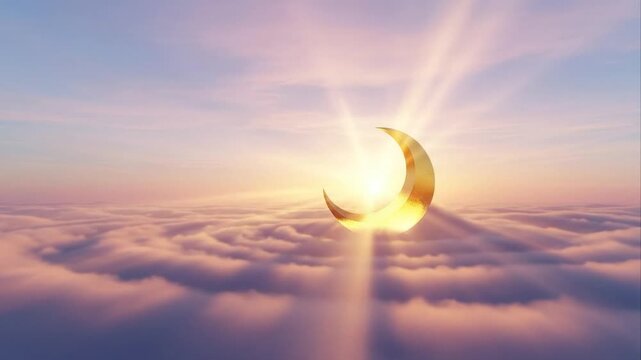 Golden crescent moon above fluffy clouds with sunburst light