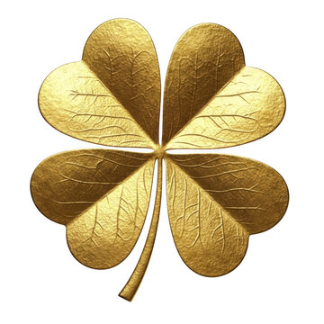 Golden four-leaf clover isolated on transparent background