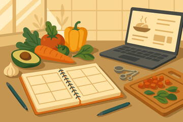 Side open meal vector laptop weekly recipe vibrant sunlight planning illustration colorful