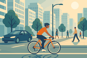 Fototapeta premium Sidewalk urban cars vector s streetlights walking cyclist illustration lane buildings city