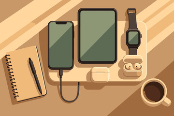 Notebook gadget vector illustration surfaces pen earbuds station organized view cup charging