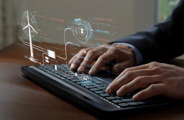 Hands Typing on Keyboard with Digital Interface Showcasing Renewable Energy Concepts and Modern Technology Trends for Innovative Solutions