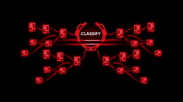 Classify Concept with Red Neon Document and Glowing Lines on Black Background for Data Organization and Information Sorting