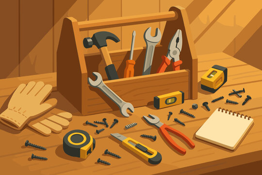 Illustration screws wrench utility wooden level tape essentials simple toolbox vector workshop