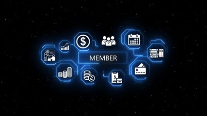 Membership and Financial on Neon Blue Network Background with Space Stars finance business