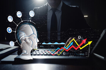 Digital Transformation Concept with Robotic Head and Business Analytics in Dark Office Environment Featuring Graphs and Data Visualization