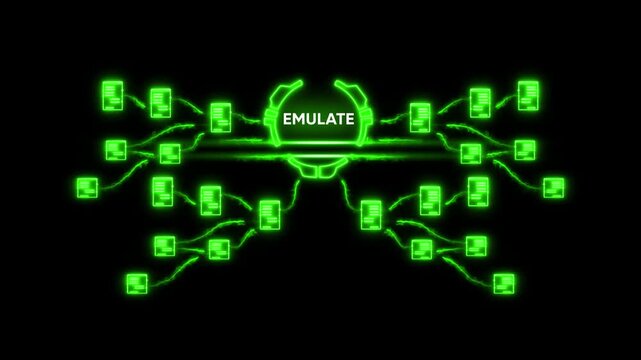 Emulate Concept Neon Green Glowing Documents Connecting to Central Node on Black Background Technology and Data Exchange