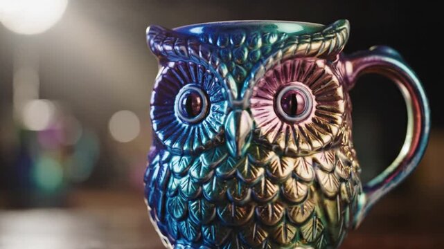 Colorful owl-shaped ceramic coffee mug on a table with blurred background lights
