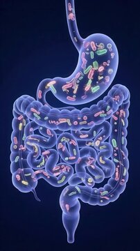 Human digestive system looping background video with animated microorganism colonies, detailed biological illustration, for medical and educational use