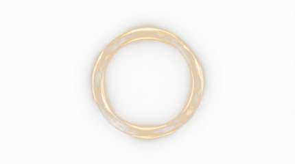 A circular object with a light tan color and a hollow center is presented in the visual plane of the solid white background and no background