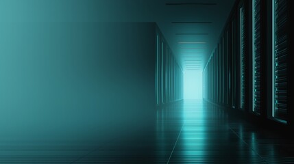 Corridor with cyan accents leading to light in a data center during an evening scene