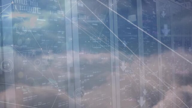 Animation of network of connections and clouds over servers