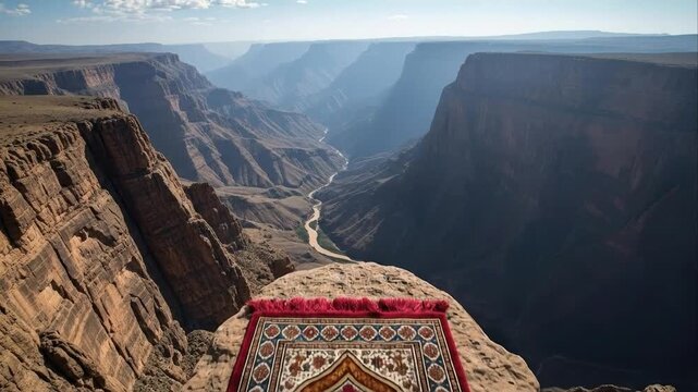 Rug on cliff overlooking vast canyon landscape under sunlight