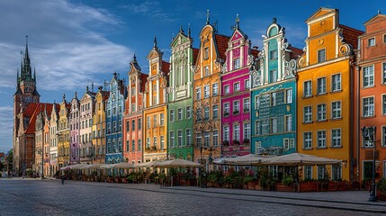 Obraz premium Colorful historic European townhouses along cobblestone market street in old town quarter showing traditional ornate architecture with decorative facades.