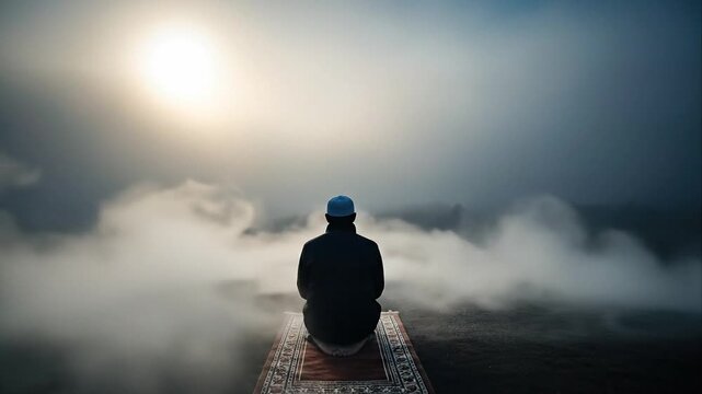 Silhouette of a person praying outdoors in a misty environment