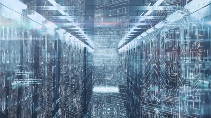 Animation of data processing and microprocessor connections over empty computer server room - Powered by Adobe