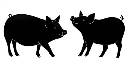 Silhouetted illustration depicts two black pigs, one walking left, the other facing the viewer