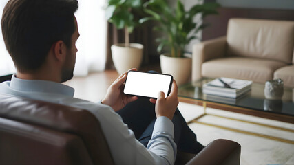 Hand holding mobile phone horizontally with blank white mockup screen by man in professional minimalist office background for landscape app promotion and brand display presentation.