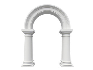 A minimalist architectural design featuring a white arch with columns against a clean white background