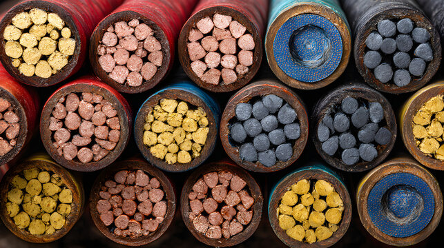 Macro Close-Up of Electrical Wire Ends: A Colorful Display of Copper, Yellow, and Black Cables Revealing Intricate Textures and Industrial Details. Diverse Application